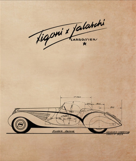 Figoni on Delahaye vintage car side-view sketch with measurement lines