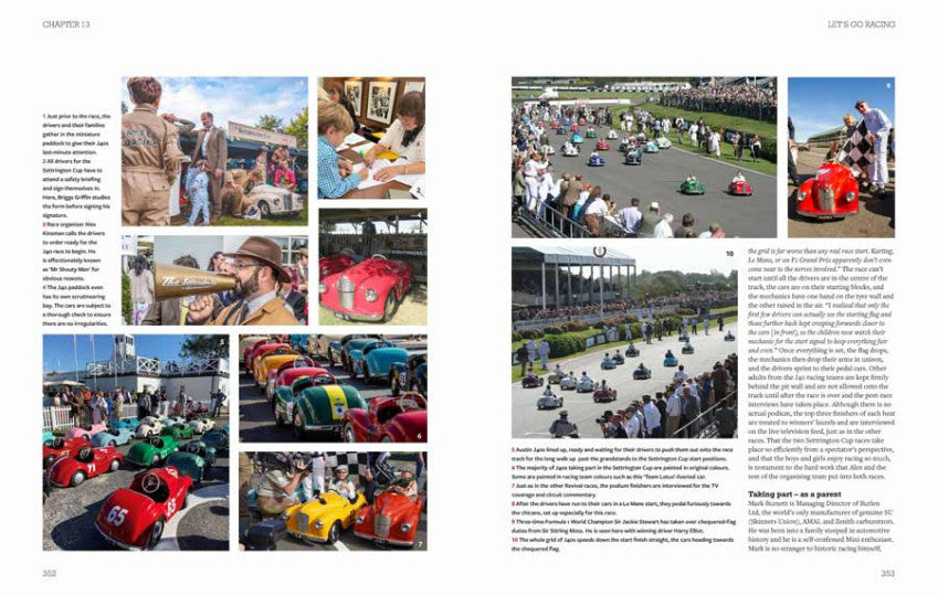 Opened book spread with multiple color photos of pedal cars and people