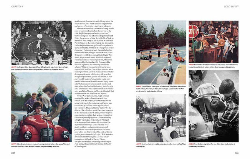 Opened book spread with outdoor activity photos and columns of printed text