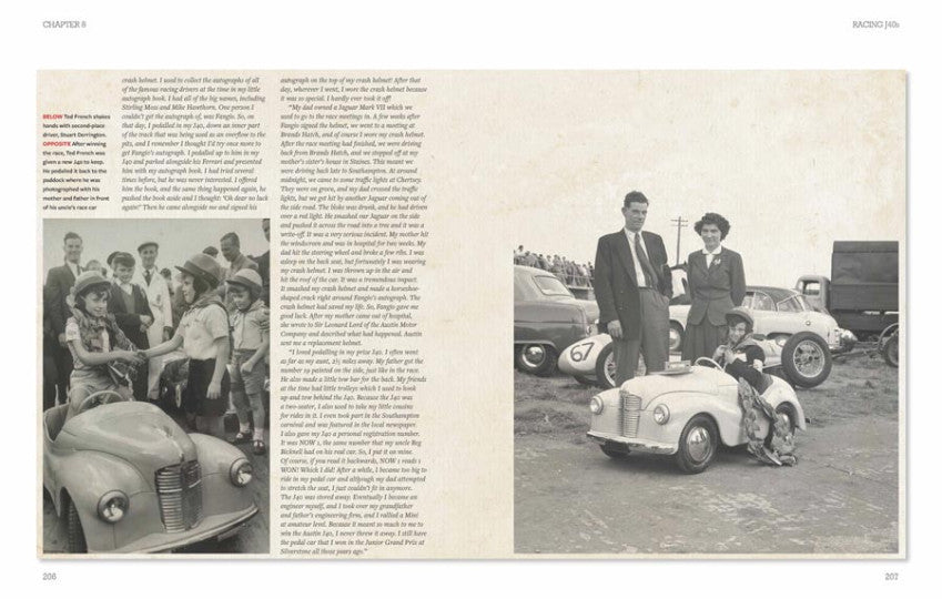 Opened book spread with vintage car photo and two portrait figures beside it