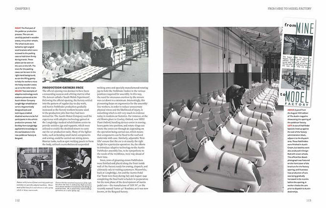 Opened book spread with black-and-white photos and article text columns