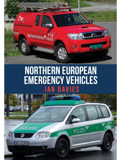Emergency service vehicles: red SUV with roof lights and green police van