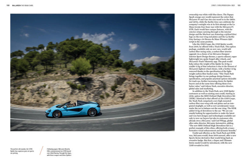 McLaren Road Cars 2010-2024 book page: blue sports car on winding road