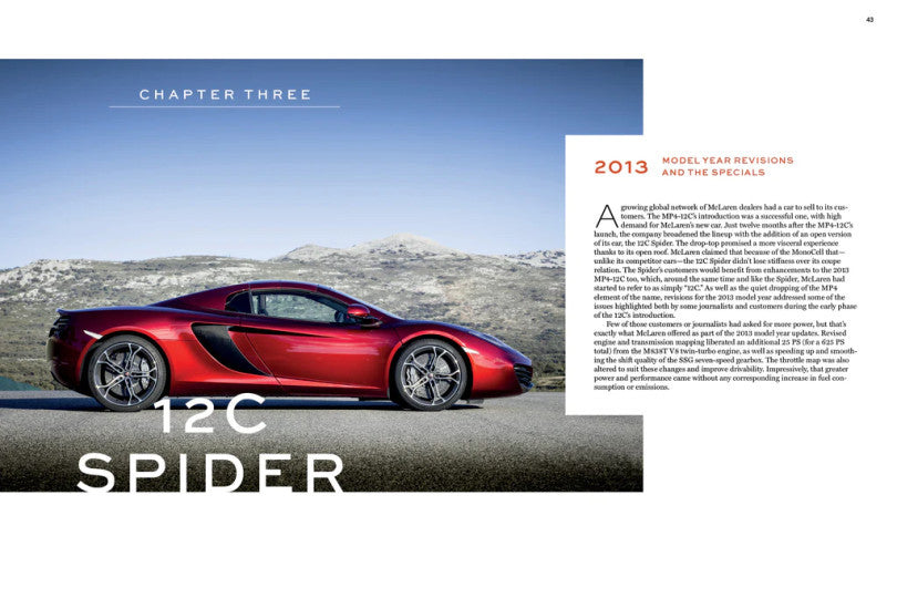 McLaren Road Cars 2010-2024 book page: red 12C Spider coupe on mountain road