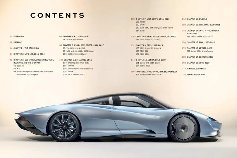 McLaren Road Cars 2010-2024 book: blue supercar profile on contents page