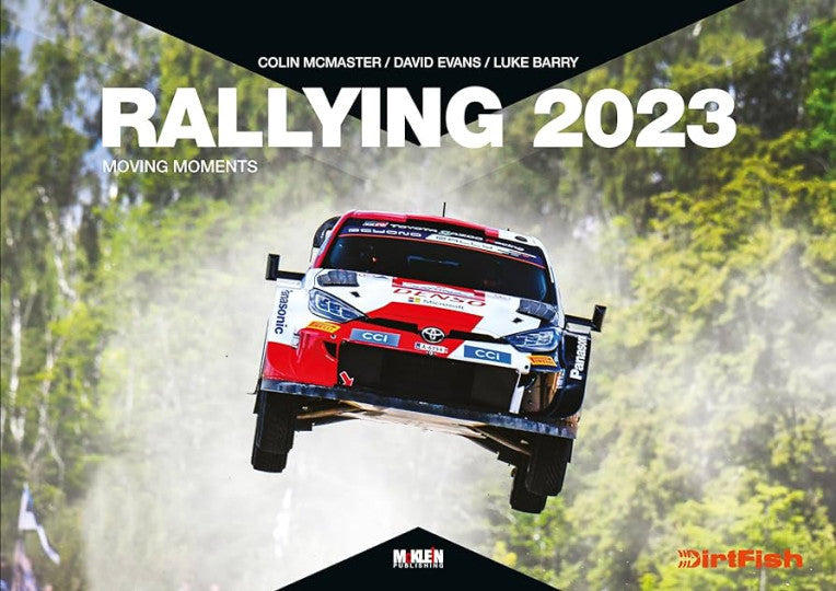 Rallying 2023 Moving Moments cover with front view rally race car in motion