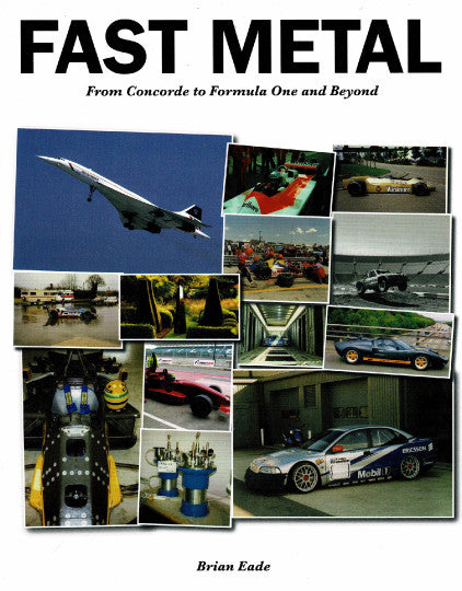 Fast Metal book cover with racing and aircraft collage, blue background, author Brian Eade