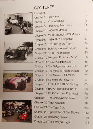Hardcover book contents page with chapter list and vintage race car photos
