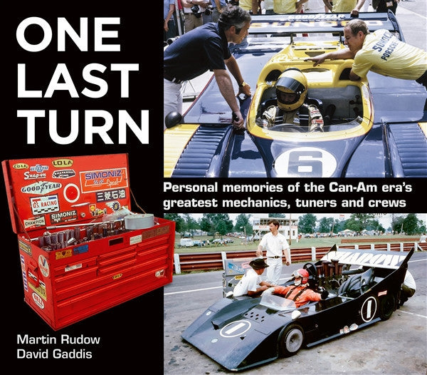 One Last Turn book cover with large title and vintage race car crew scene.
