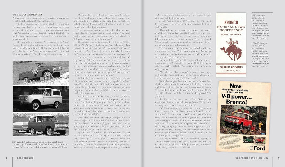 Printed Bronco booklet page with vehicle photos and Ford-branded ad box