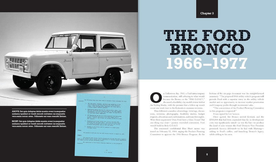 White Ford Bronco SUV on a studio page, side view with captions