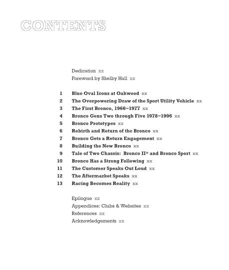 Ford Bronco contents page with chapter list on white background