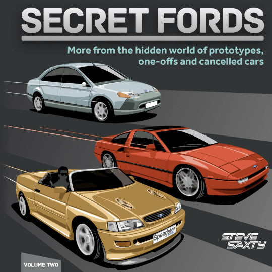 Volume Two book cover with illustrated prototype and cancelled cars