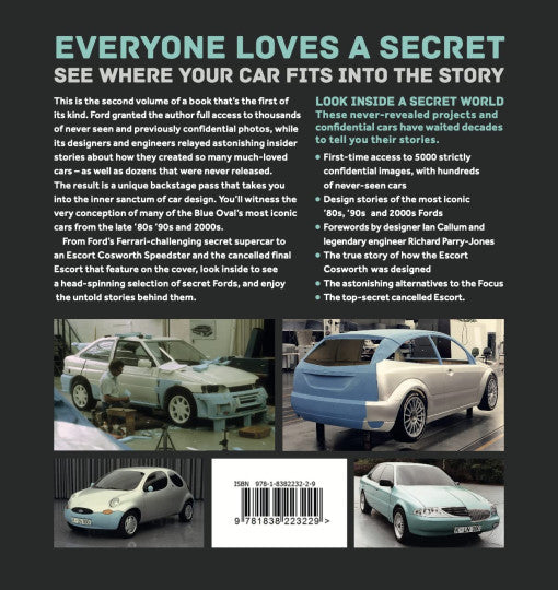 Paperback book with collage of classic car photos and detailed text pages