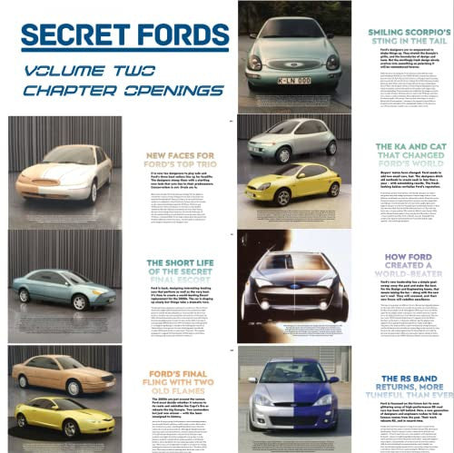 Book spread with multiple car photos and section headings on pages