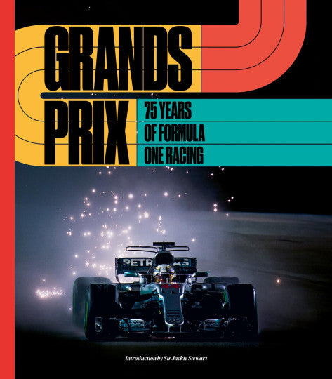 Formula One racing anniversary book cover with race car and GRANDS PRIX title.