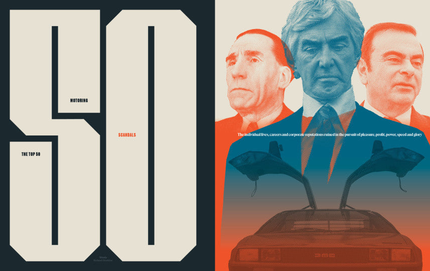 Magneto magazine issue cover with sports car and three portrait faces