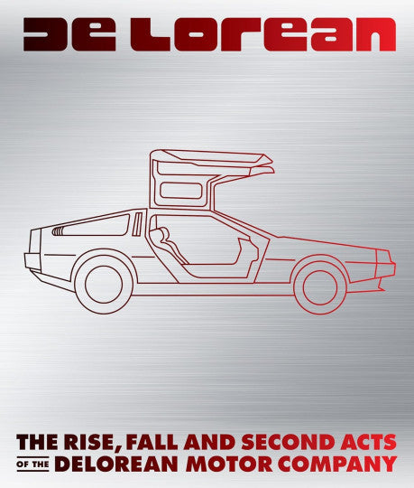 DeLorean book cover with red logo, DeLorean outline car, and title lettering