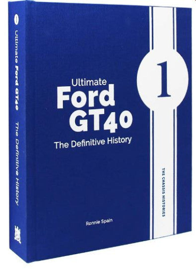 Hardcover book with blue cover showing Ford GT40 and 'Definitive History', Vol 1