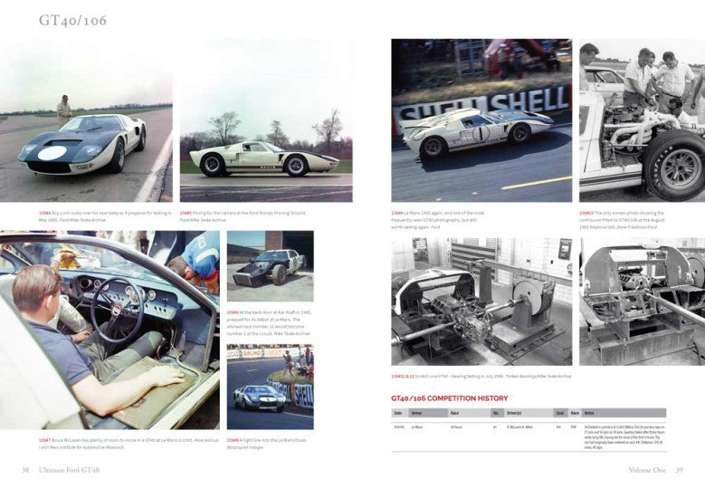 Open book spread with multiple photos of race cars and caption text