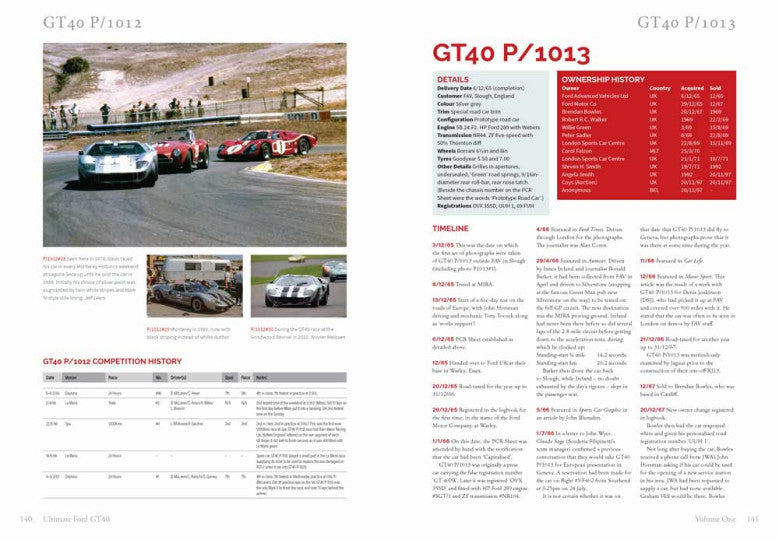 Open book spread with car photos and a red 'GT40 P/1013' info box