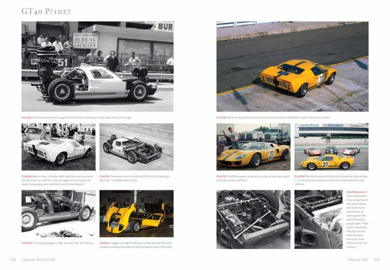 Open book spread with black-and-yellow GT40 photos and caption text