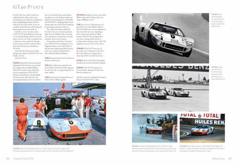 Open book spread with vintage race car photos and blocks of printed text