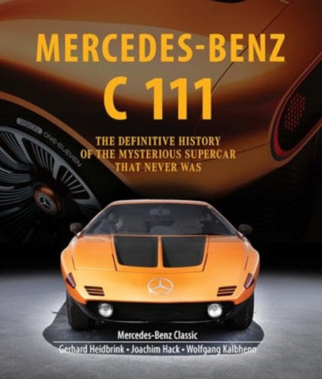 Book cover with orange Mercedes-Benz C 111 supercar illustration