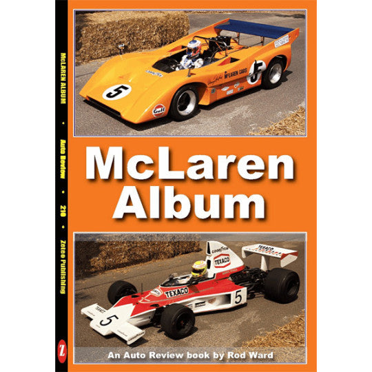 McLaren auto review book with orange cover and two race car photos