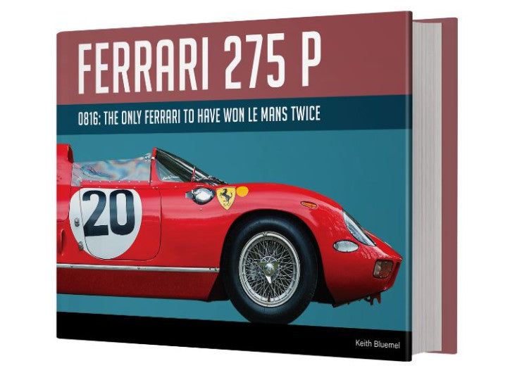 Ferrari 275 P book cover with red race car image and blue title panel