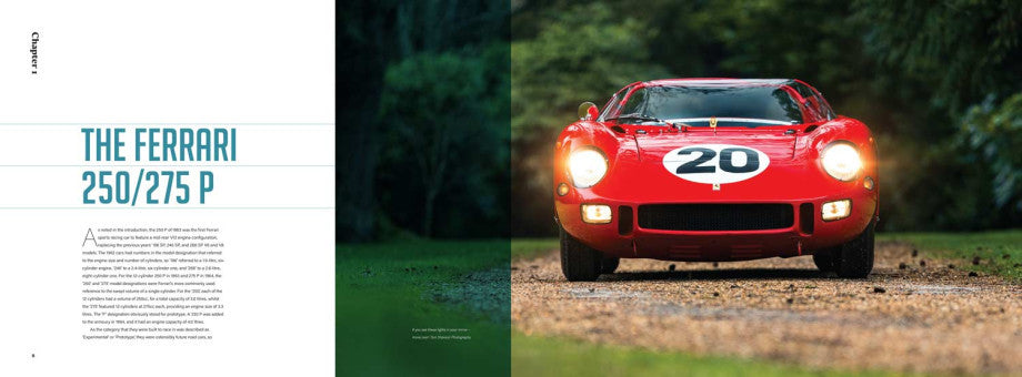 Book spread with red vintage race car front view and teal panel on the side