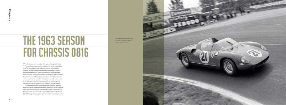 Book spread featuring a grey race car on track with a “1963 season” heading