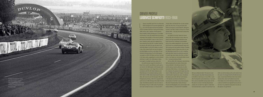 Race track scene with cars rounding a curve plus portrait photo in book spread