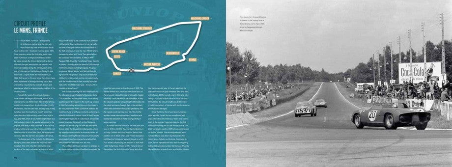 Vintage race car on a track road, photographed from roadside in a book spread