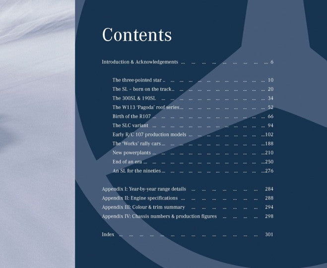 Mercedes-Benz SL & SLC book page titled Contents with numbered sections