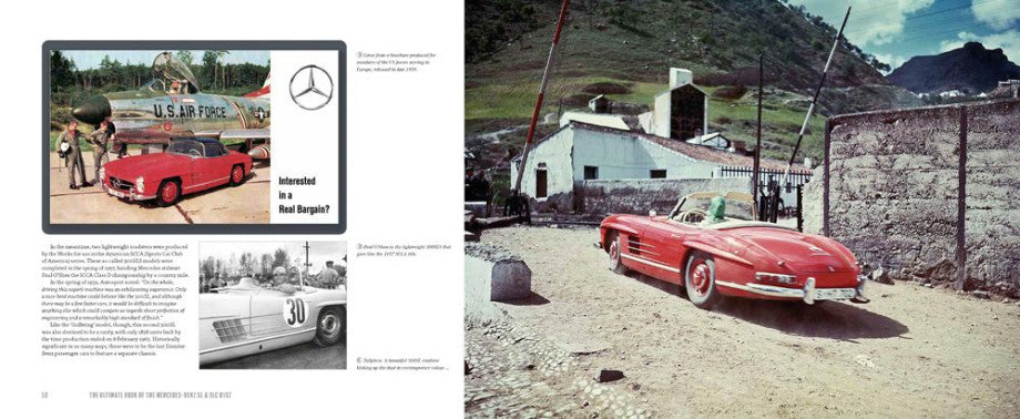 Mercedes-Benz SL & SLC book spread with red car photos and a small inset card