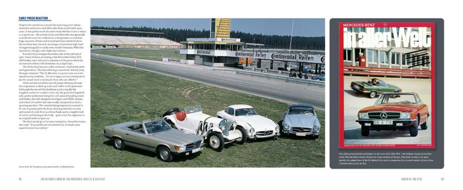 Mercedes-Benz SL & SLC book spread with race track photos and an inset magazine cover
