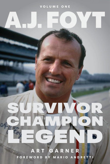 Motorsport biography book cover with portrait and Survivor Champion Legend text