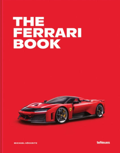 Ferrari book cover with red background, racing car image, Michael Kockritz, teNeues