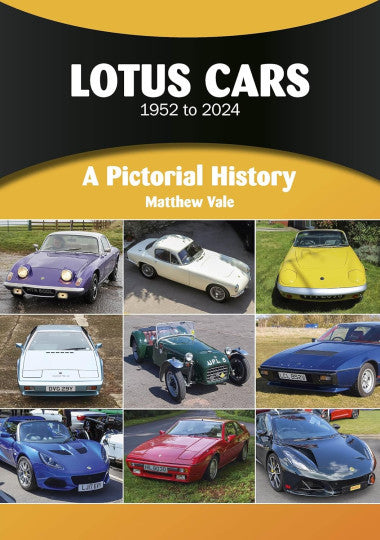Lotus Cars pictorial history book cover with car photos and title 'LOTUS CARS 1952 to 2024'