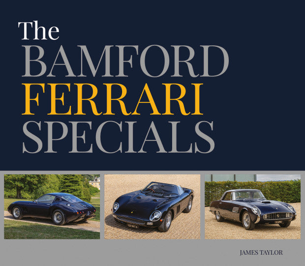 Book cover with black Ferrari car photos and title 'Bamford Ferrari Specials'