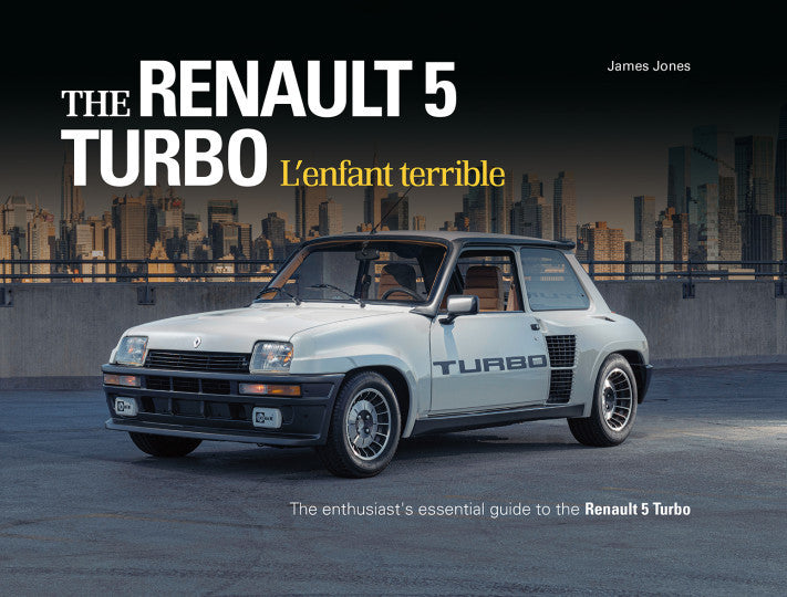 Automotive guidebook cover with white Renault 5 Turbo car and bold title