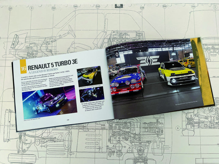 Automotive guidebook open to racing car pages with yellow and blue photos
