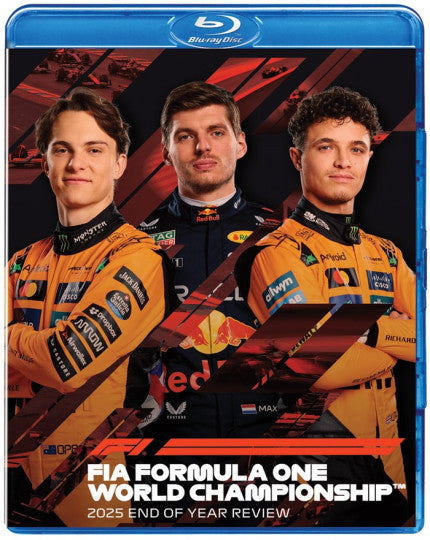 Formula One 2025 end-of-year review Blu-ray case with three drivers in orange suits
