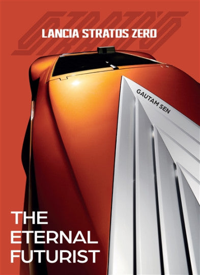 Futuristic concept car poster, orange-red body with silver finned grille and hood