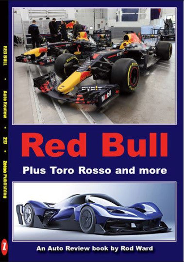 Auto review book with Red Bull branding and blue race car cover