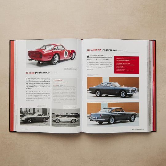 Open car book showing classic model photos and red information panels across two pages