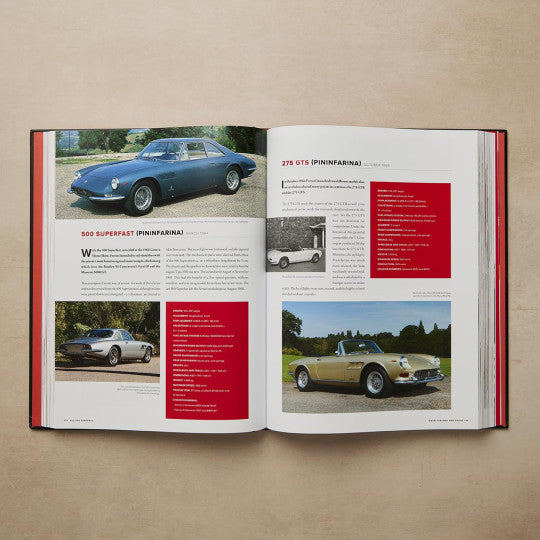 Open car book showing classic blue and yellow car photos with red info panels