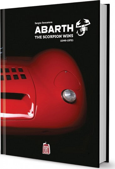 Abarth book with black cover, red sports car front, headlight, scorpion emblem