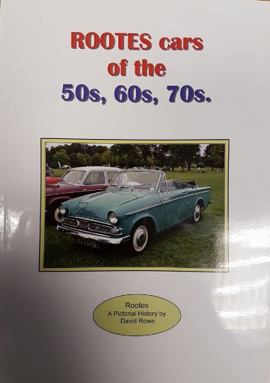 Classic car history book cover with teal convertible and Rootes cars 50s–70s title